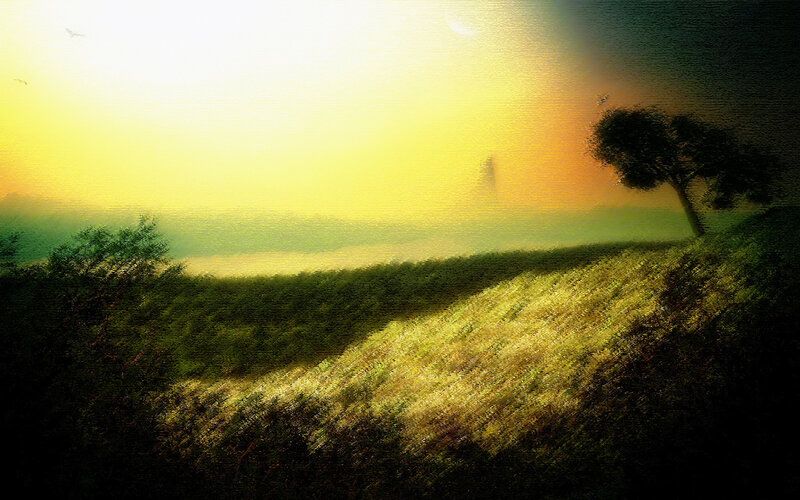 Sunset over a misty hill