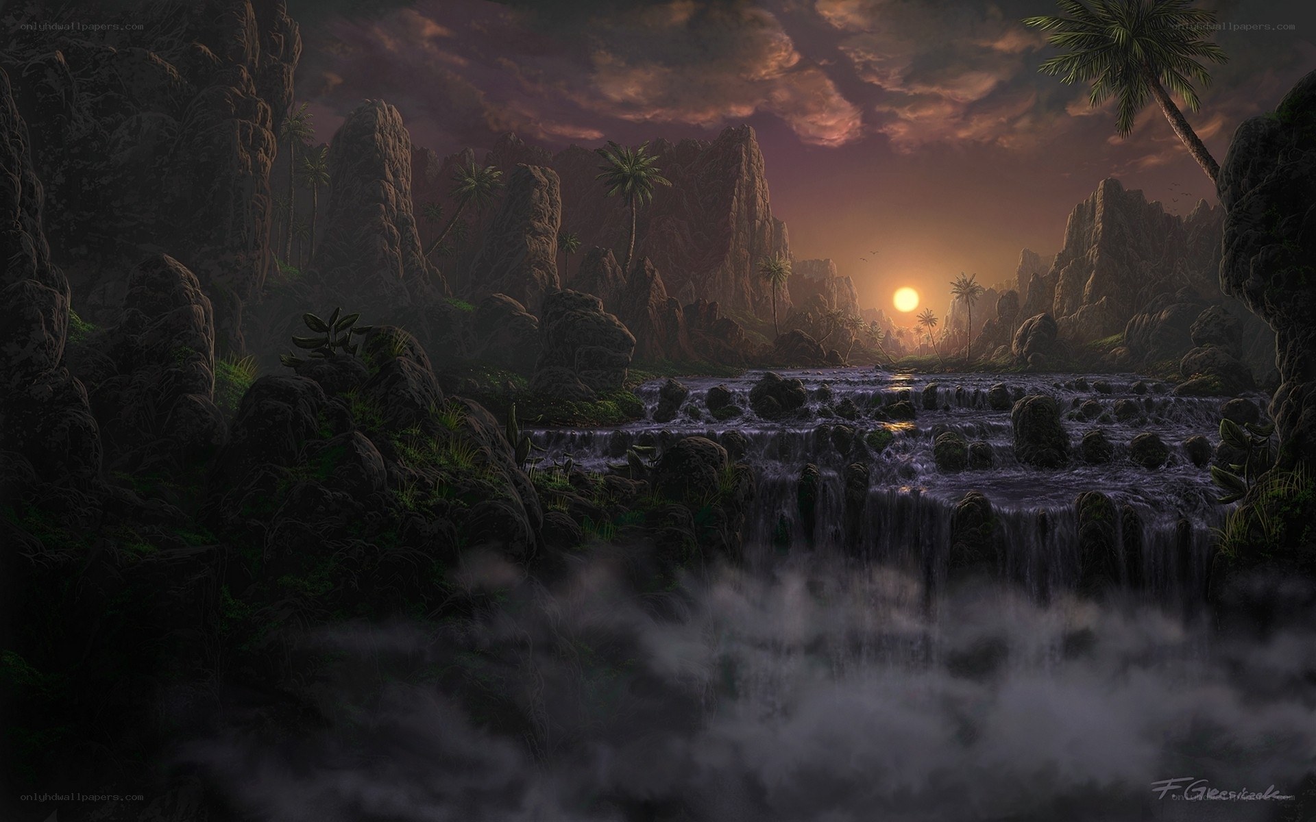 Sunset over a misty jungle river
