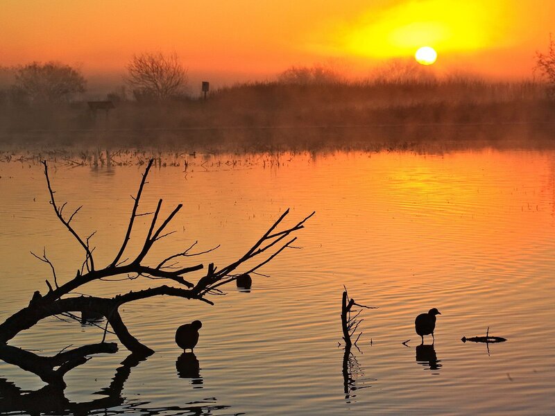 Sunset over a misty lake