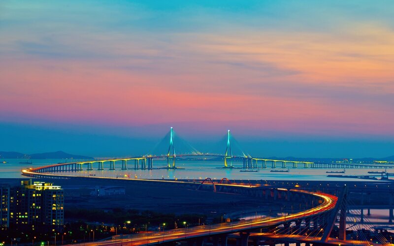 Sunset over a modern bridge