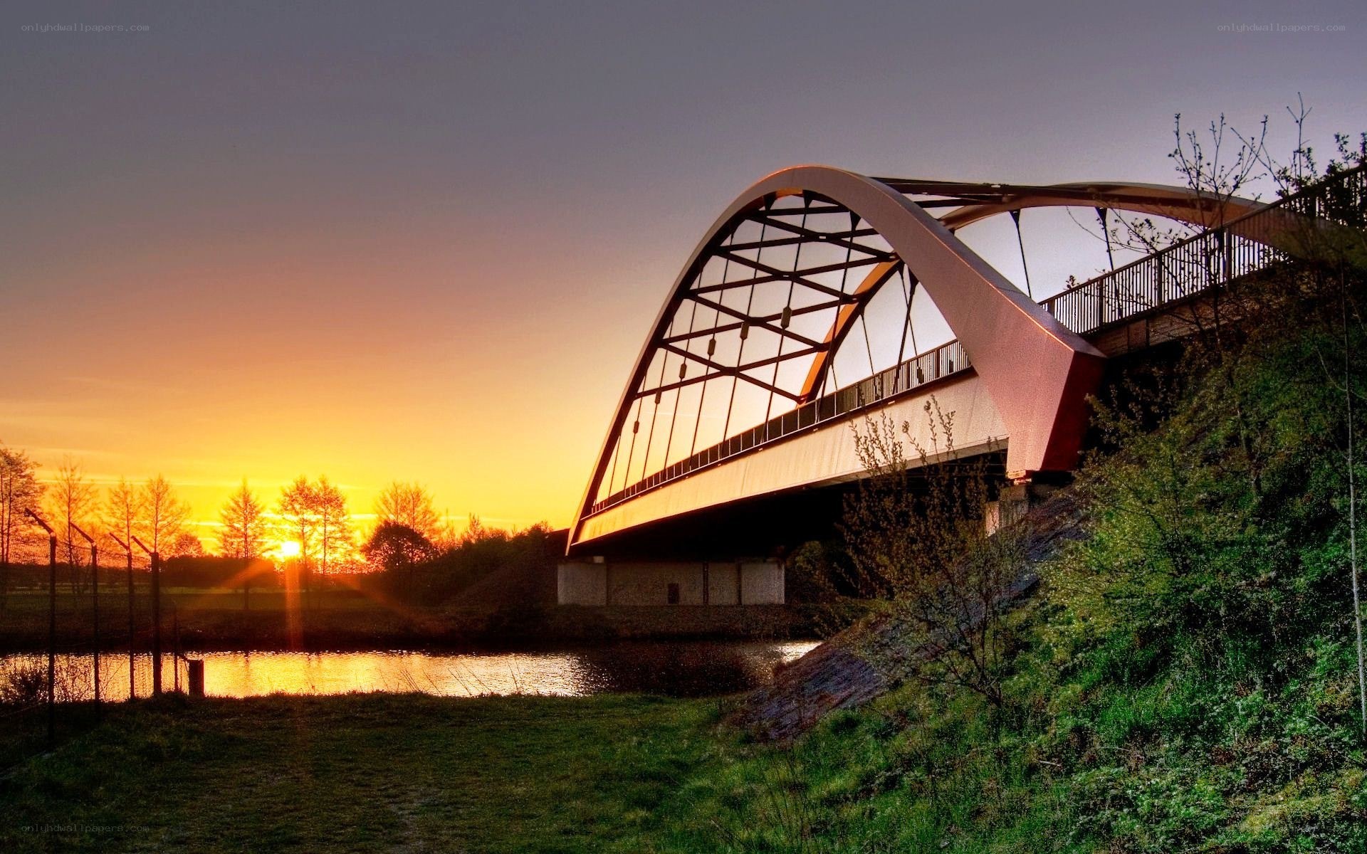 Sunset over a modern bridge