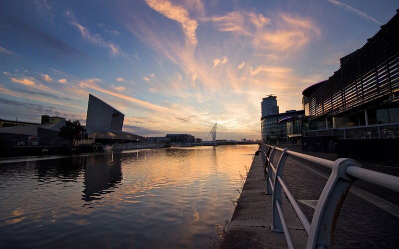 Sunset over a modern waterfront