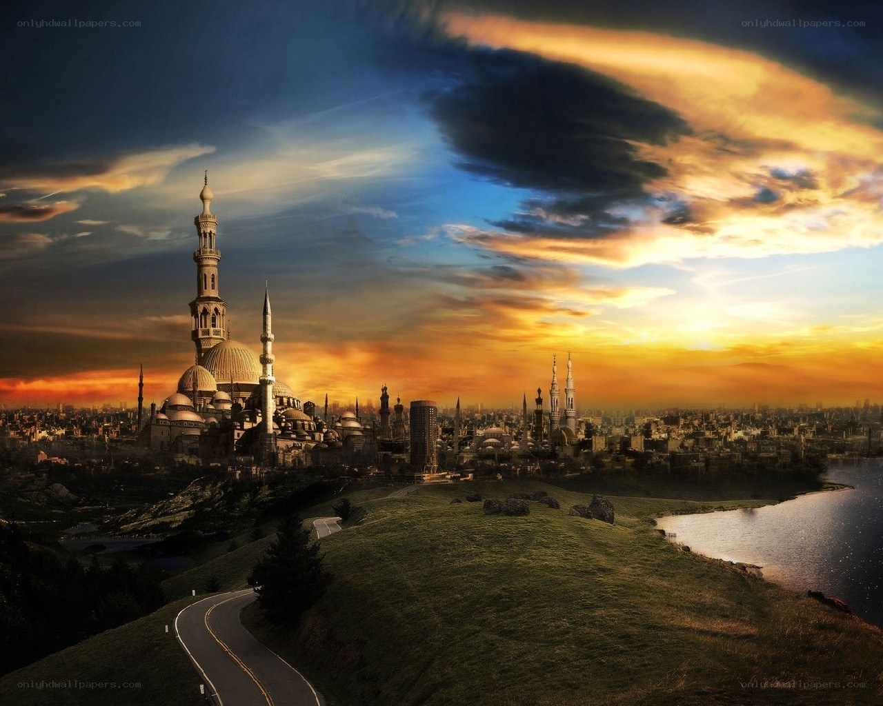 Sunset over a mosque city