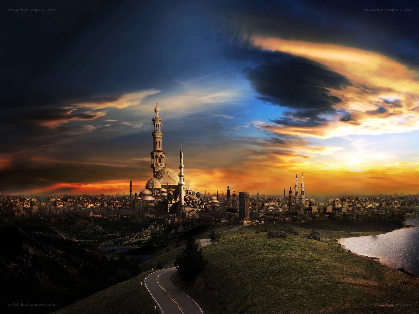 Sunset over a mosque city