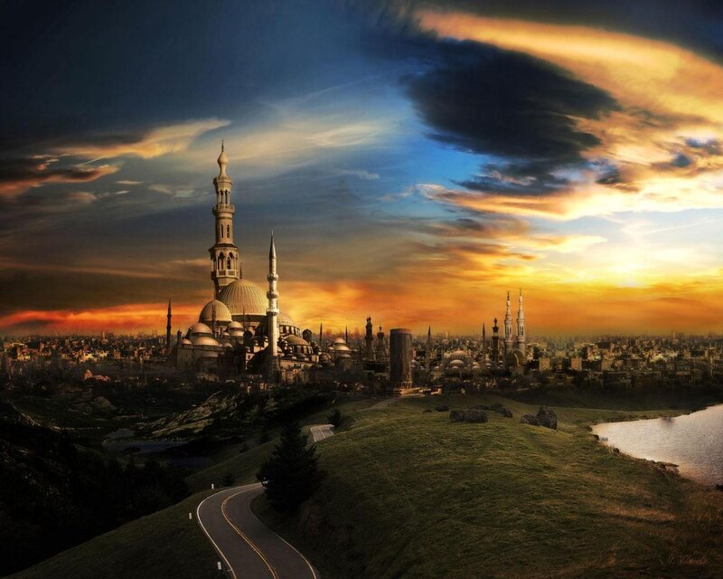 Sunset over a mosque city