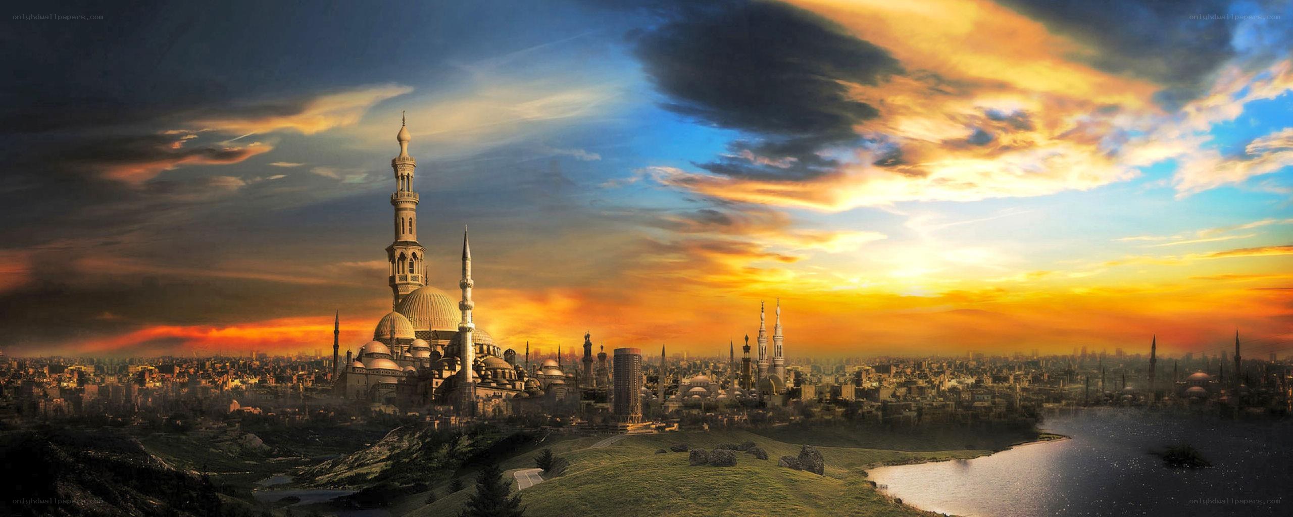 sunset over a mosque city