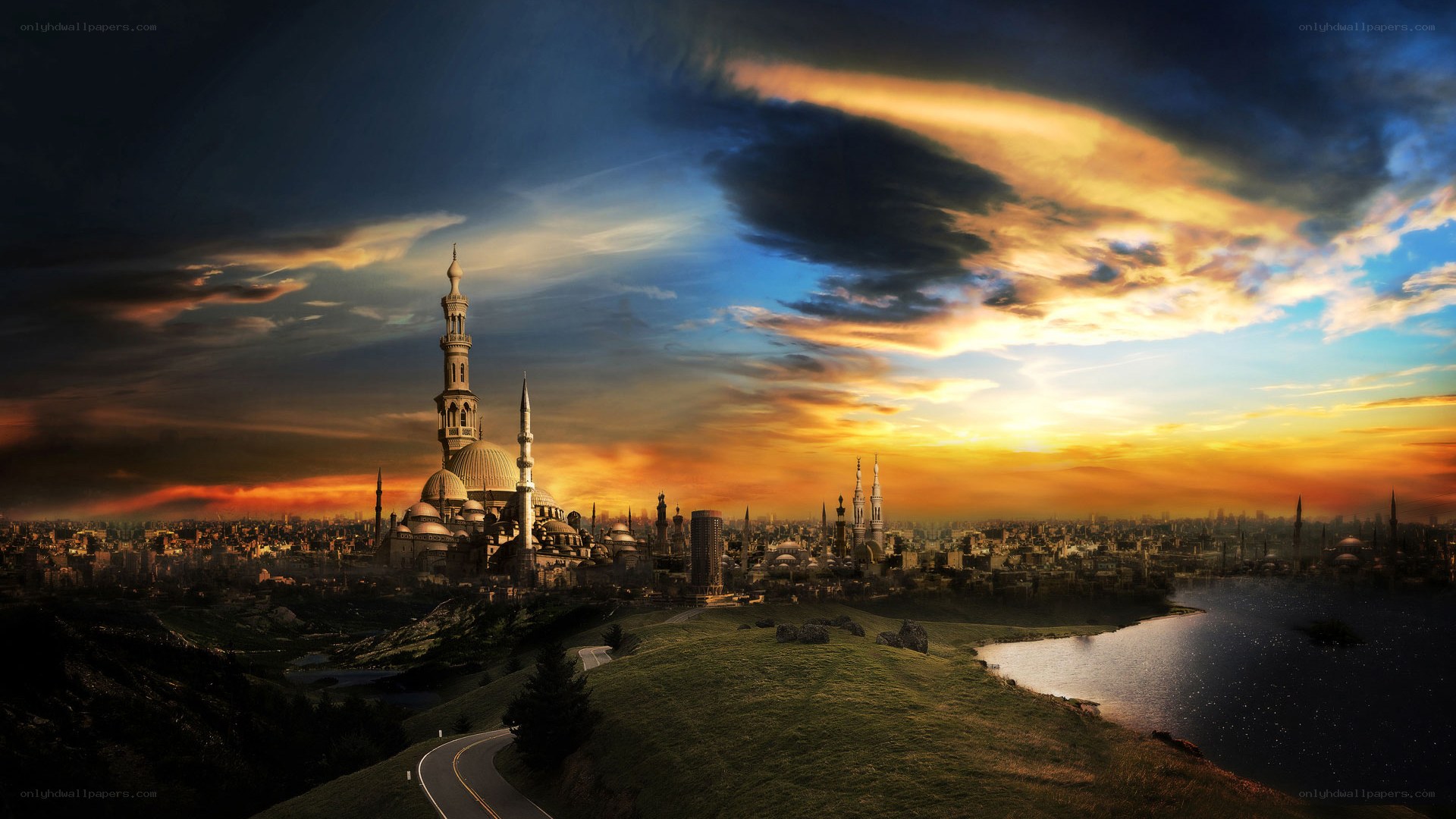 sunset over a mosque city