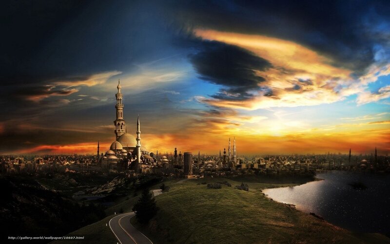 Sunset over a mosque city