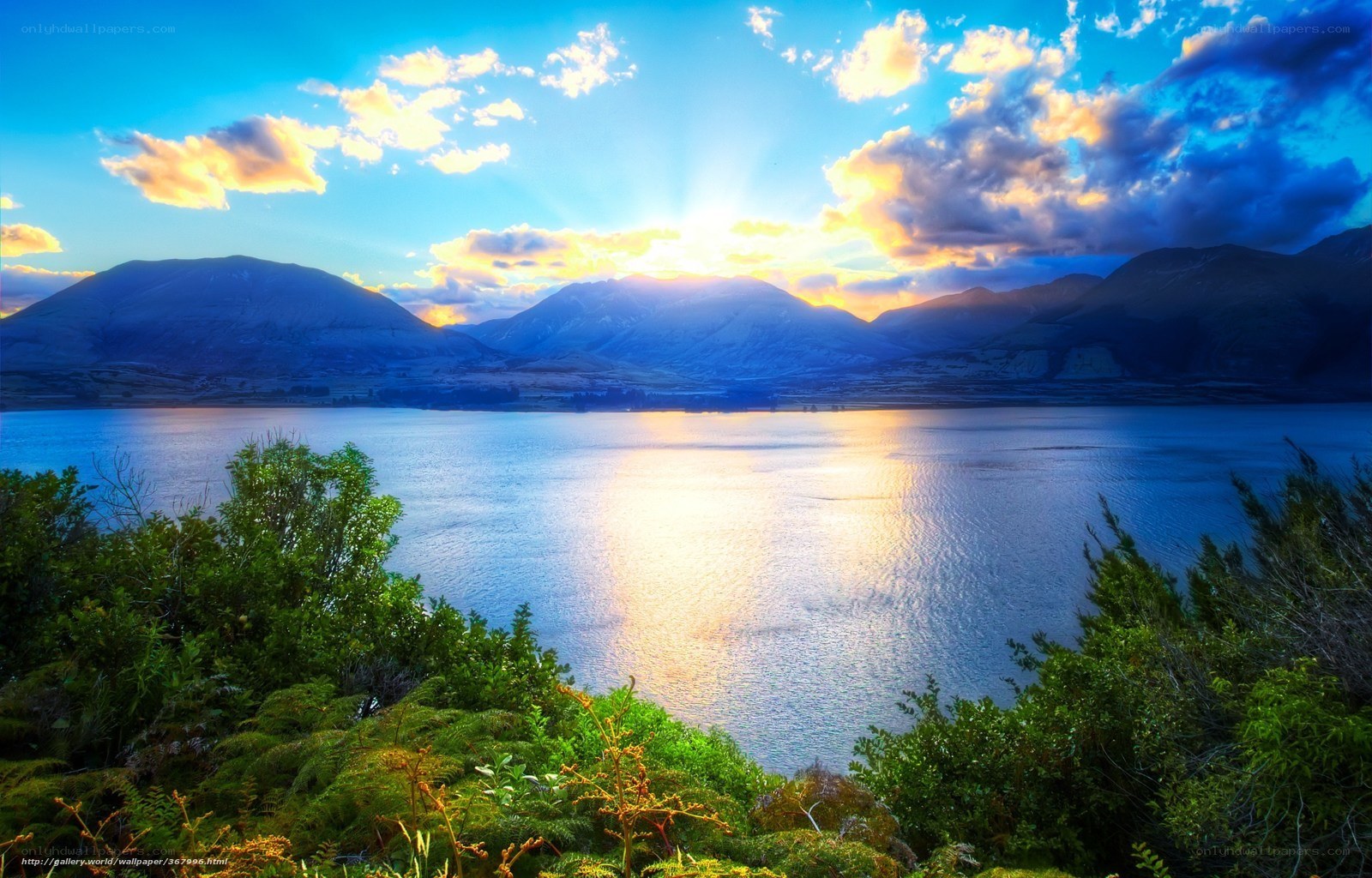 Sunset over a mountain lake