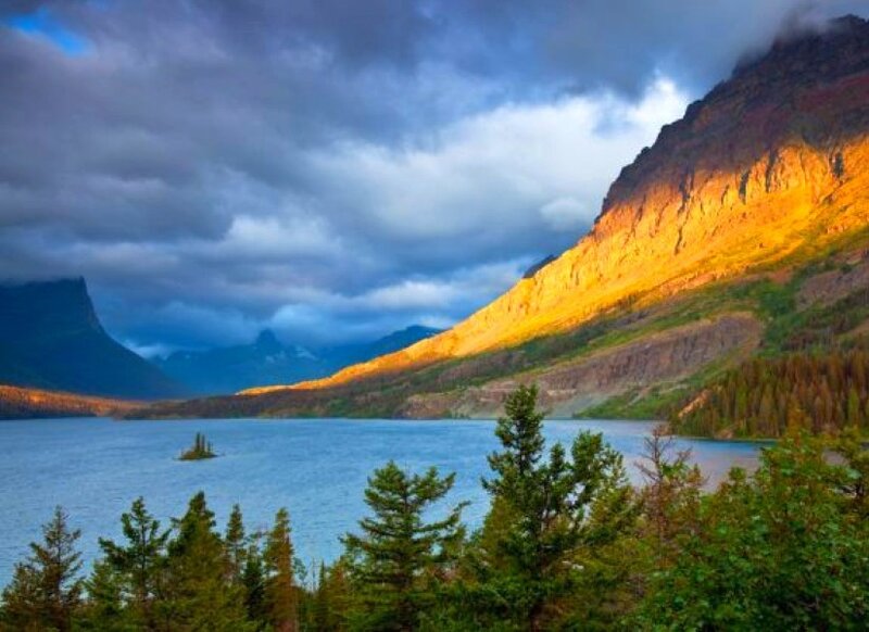 Sunset over a mountain lake