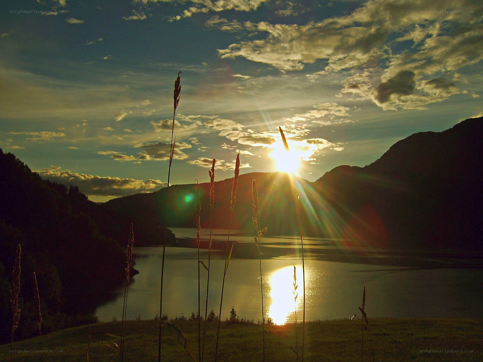 Sunset over a mountain lake