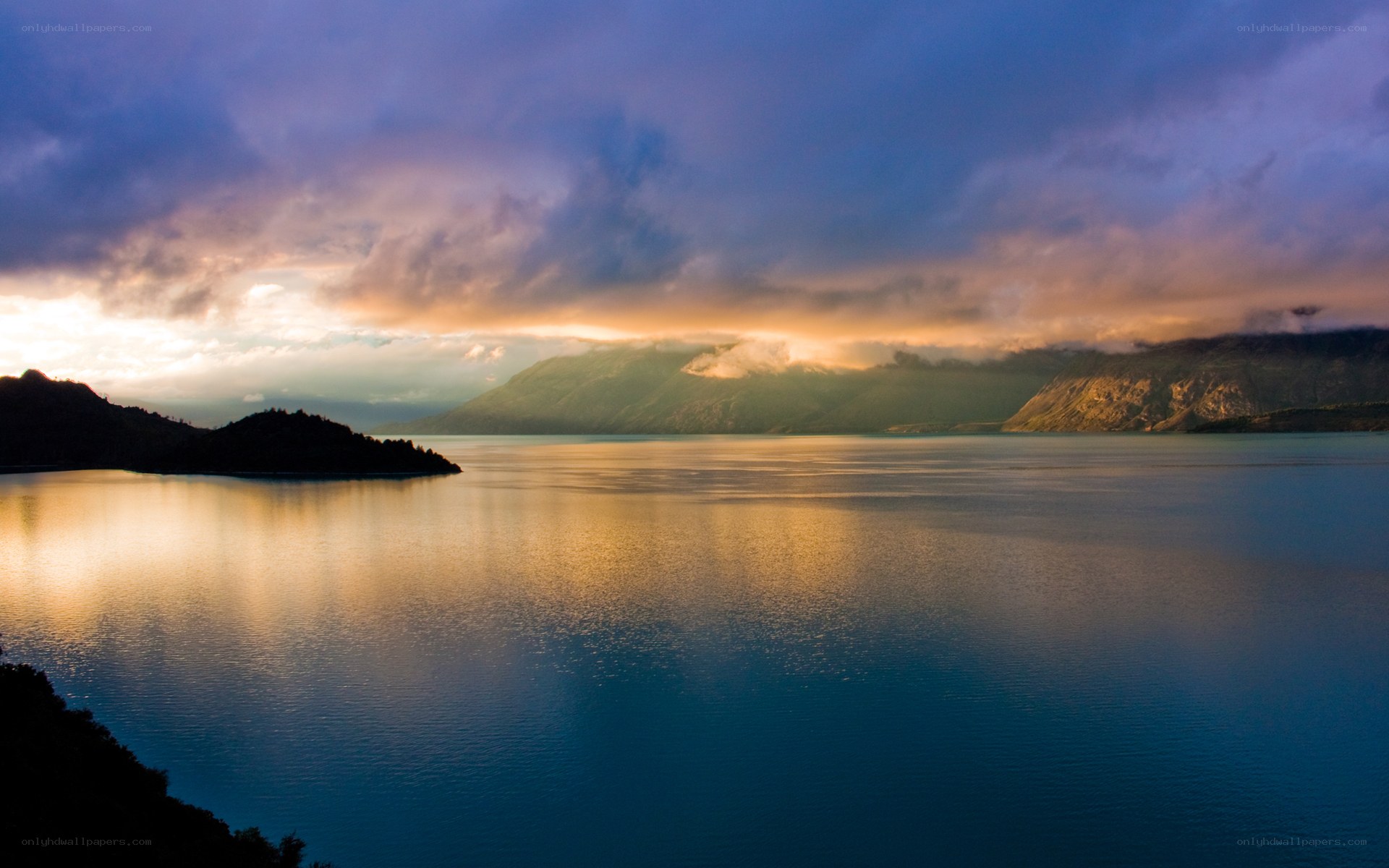 Sunset over a mountain lake