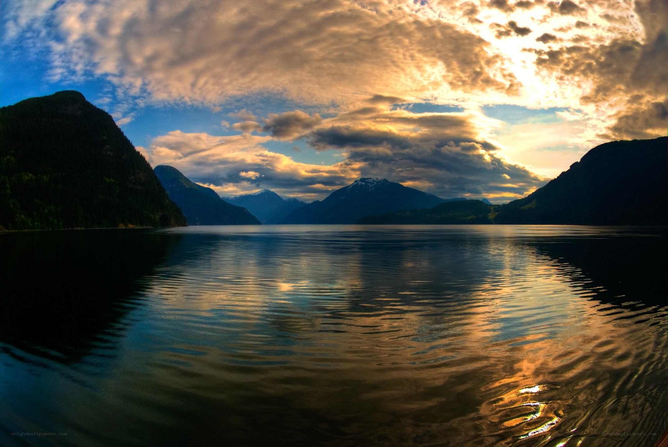 Sunset over a mountain lake