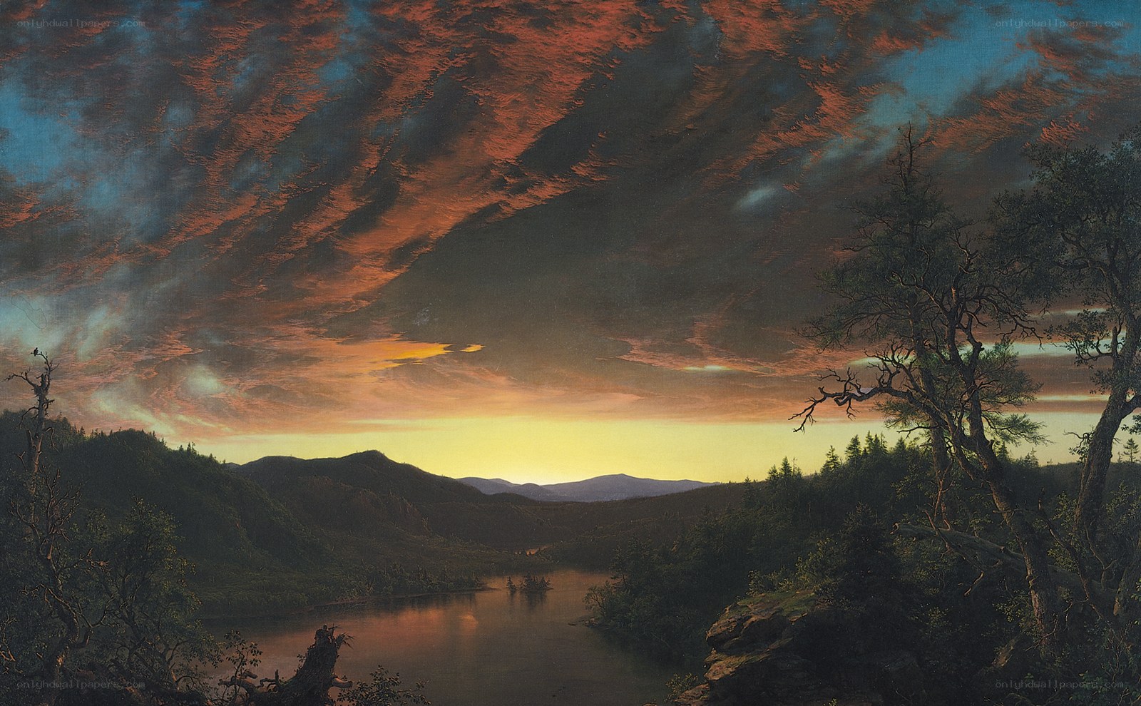 Sunset over a mountain lake