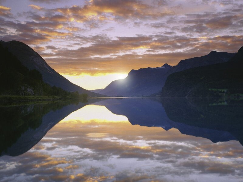 Sunset over a mountain lake