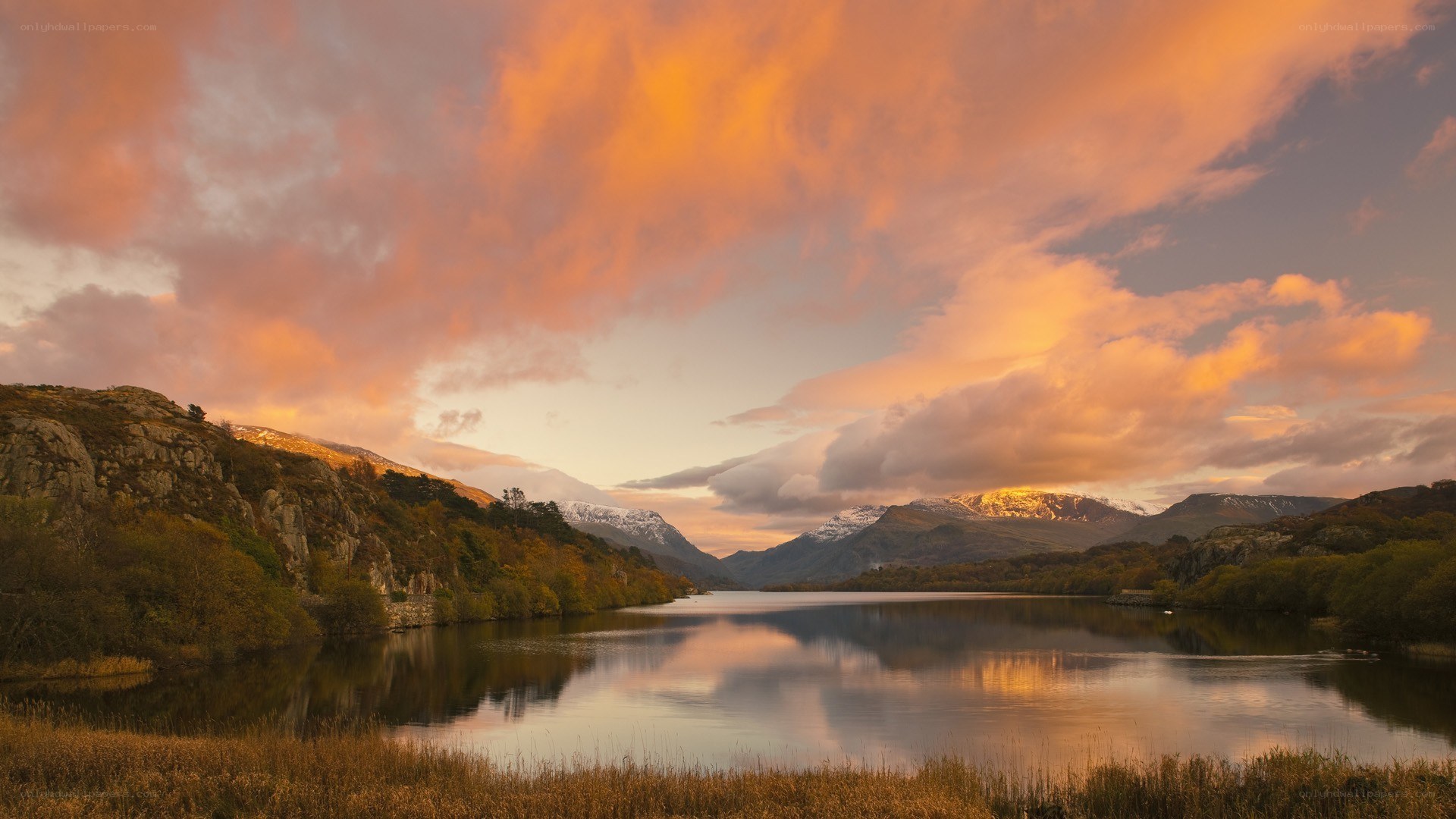 Sunset over a mountain lake
