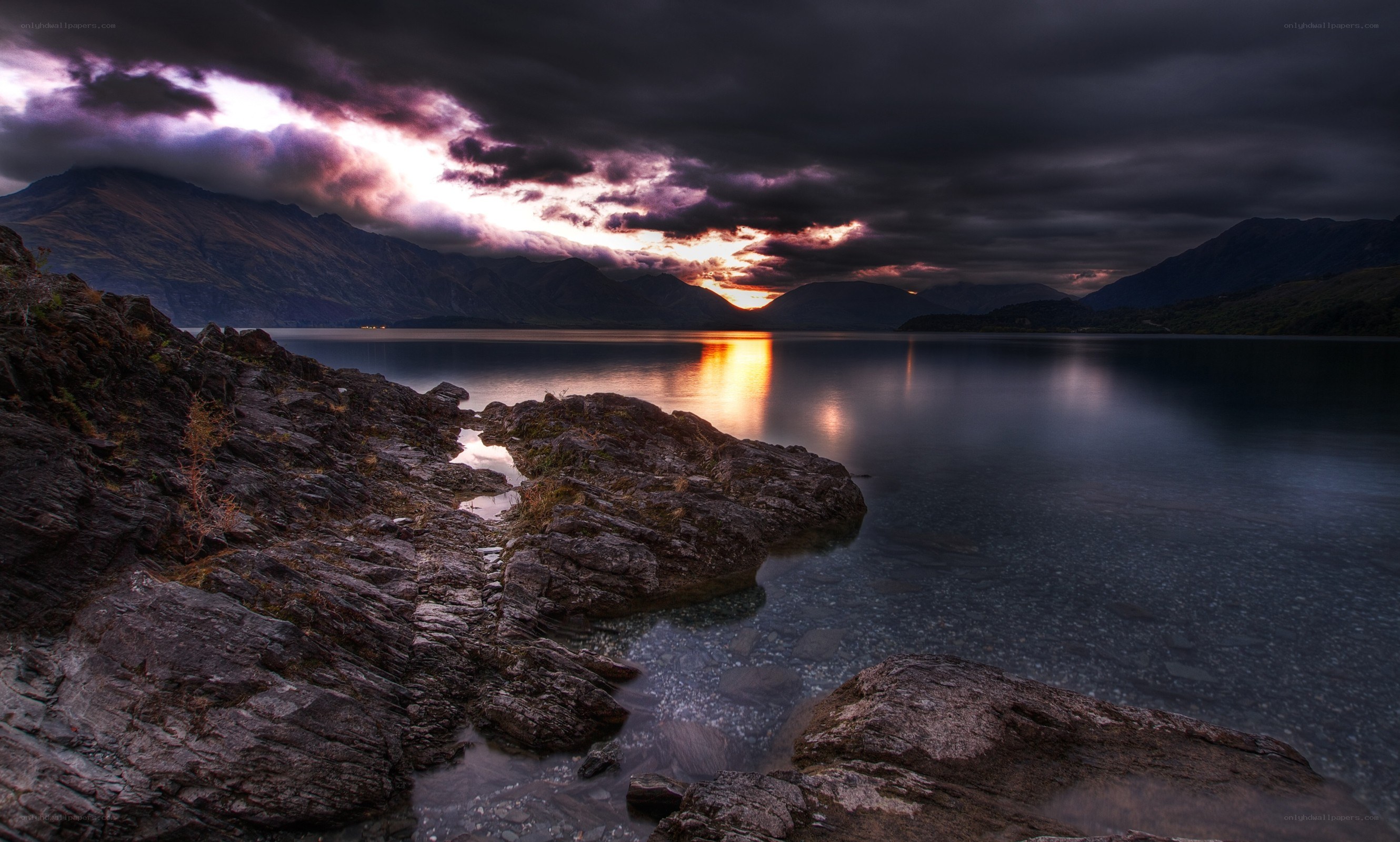 Sunset over a mountain lake