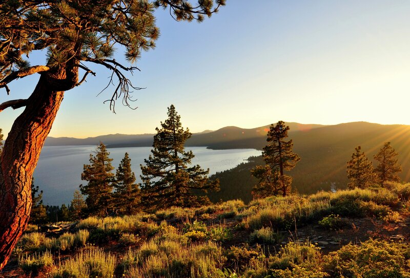 Sunset over a mountain lake