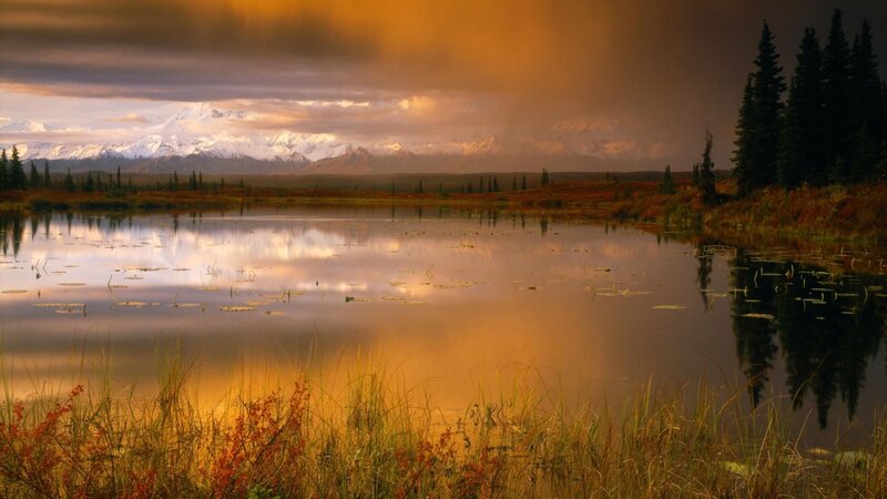 Sunset over a mountain lake
