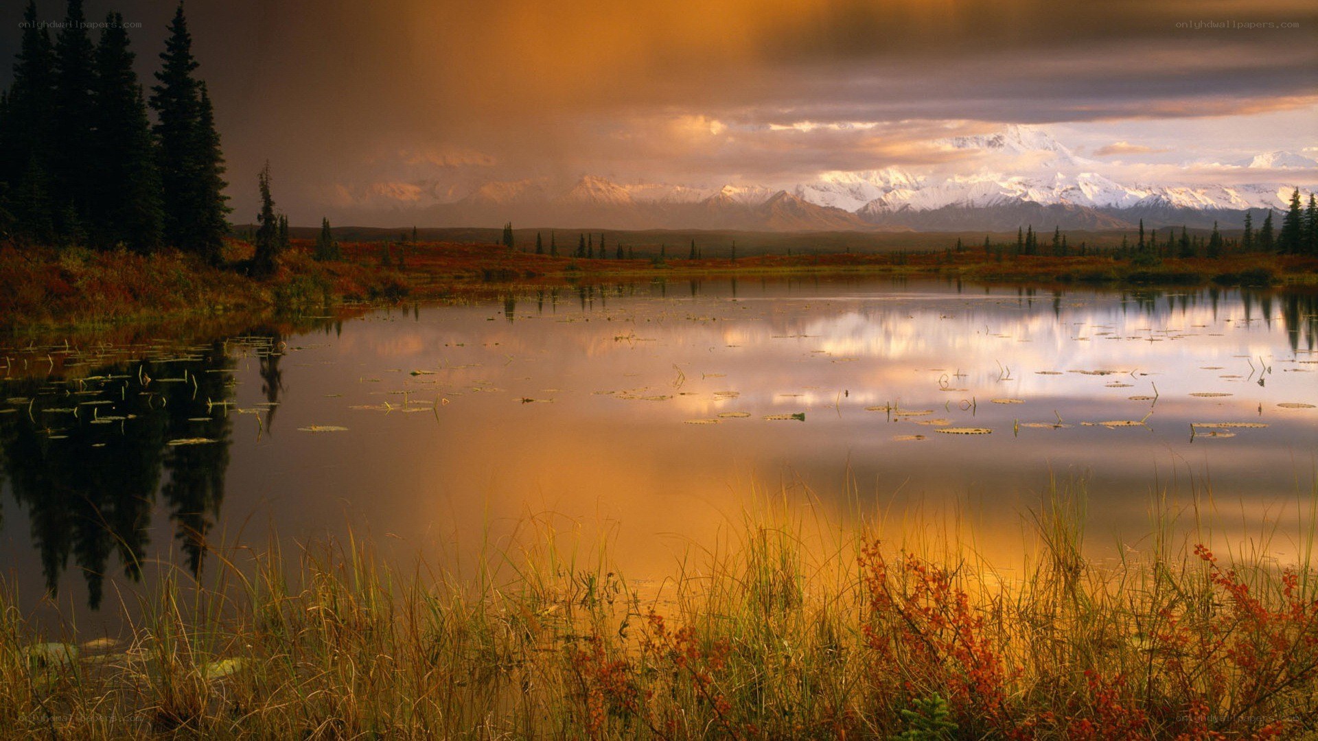 Sunset over a mountain lake