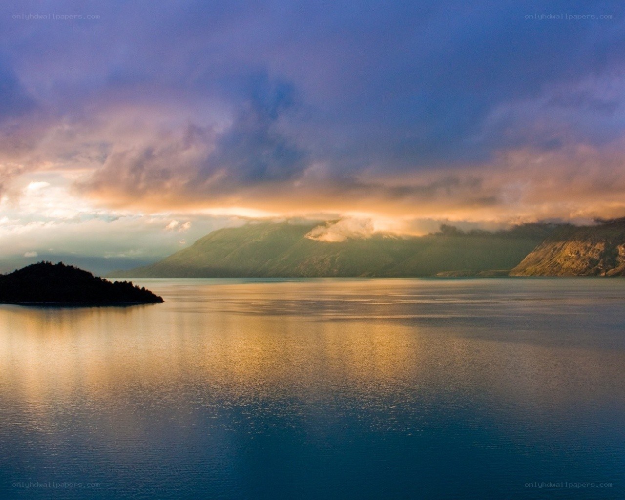 Sunset over a mountain lake