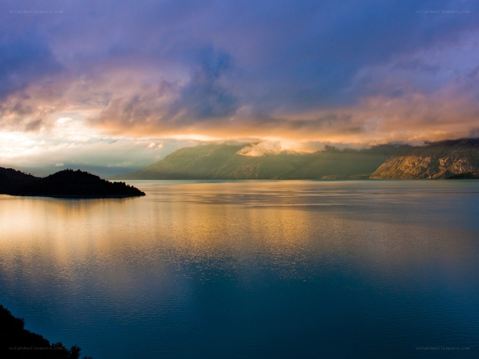 Sunset over a mountain lake