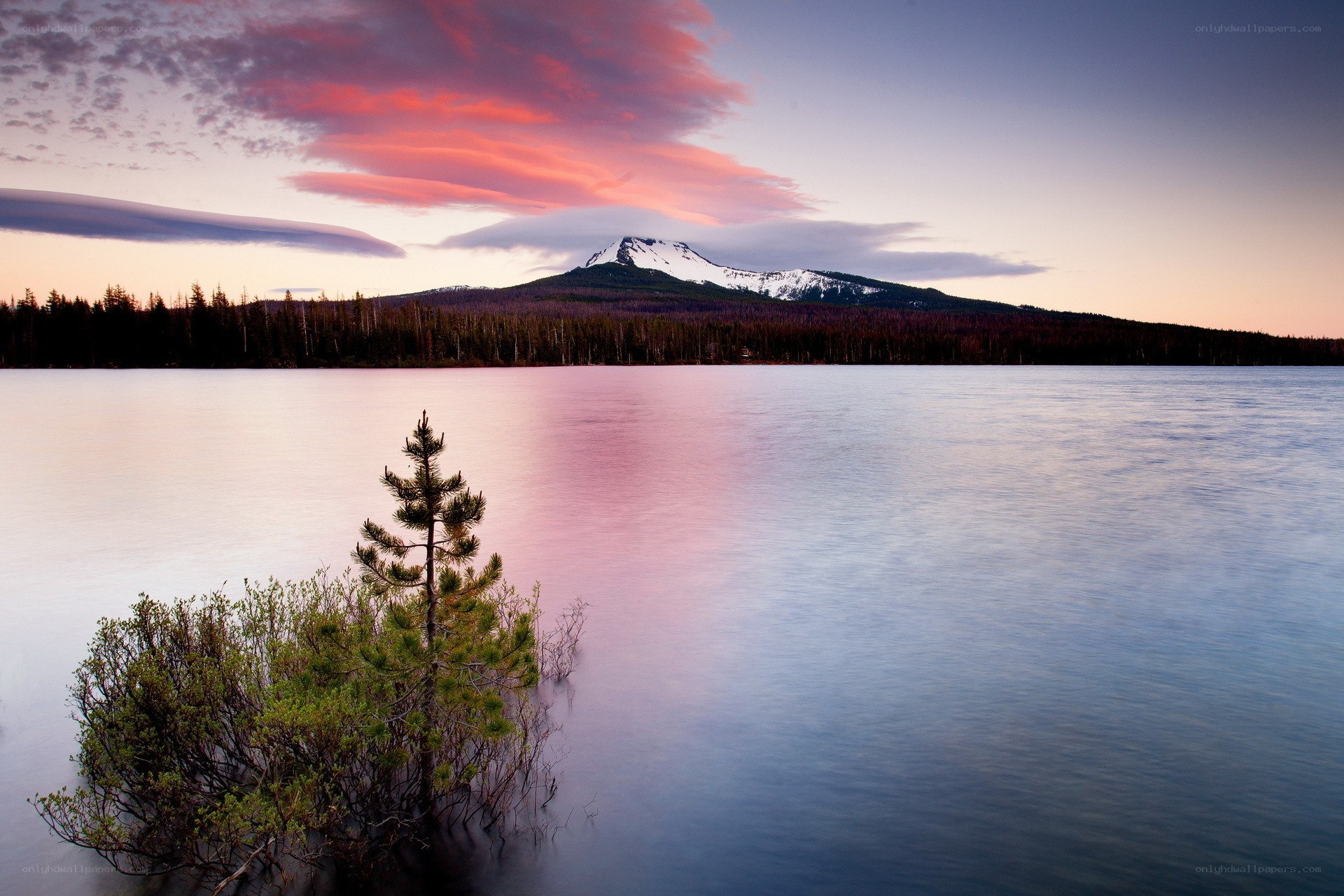 Sunset over a mountain lake