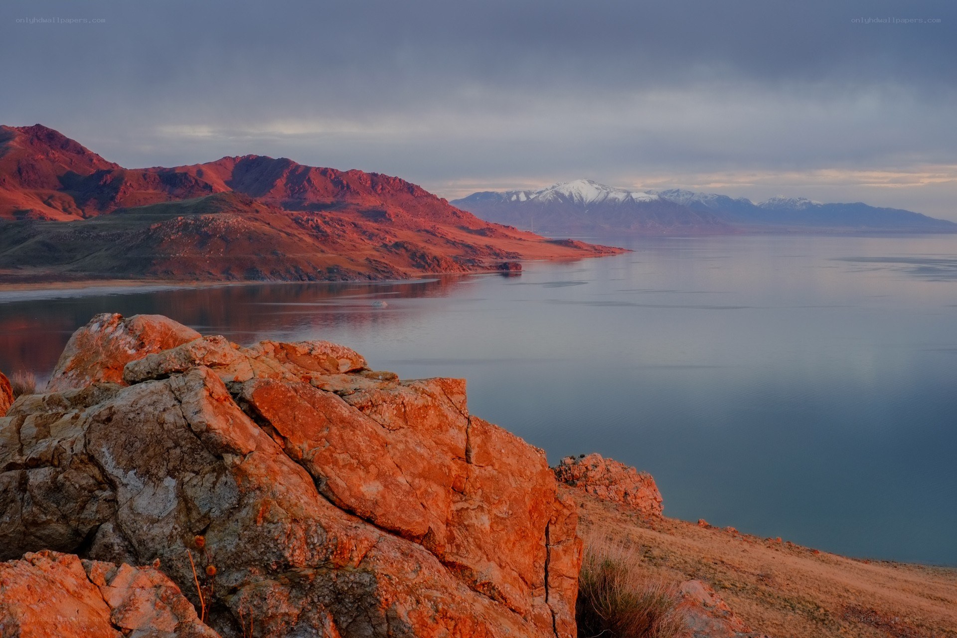 Sunset over a mountain lake