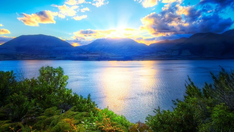 Sunset over a mountain lake