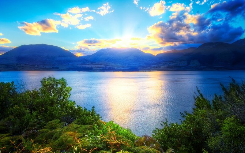 Sunset over a mountain lake