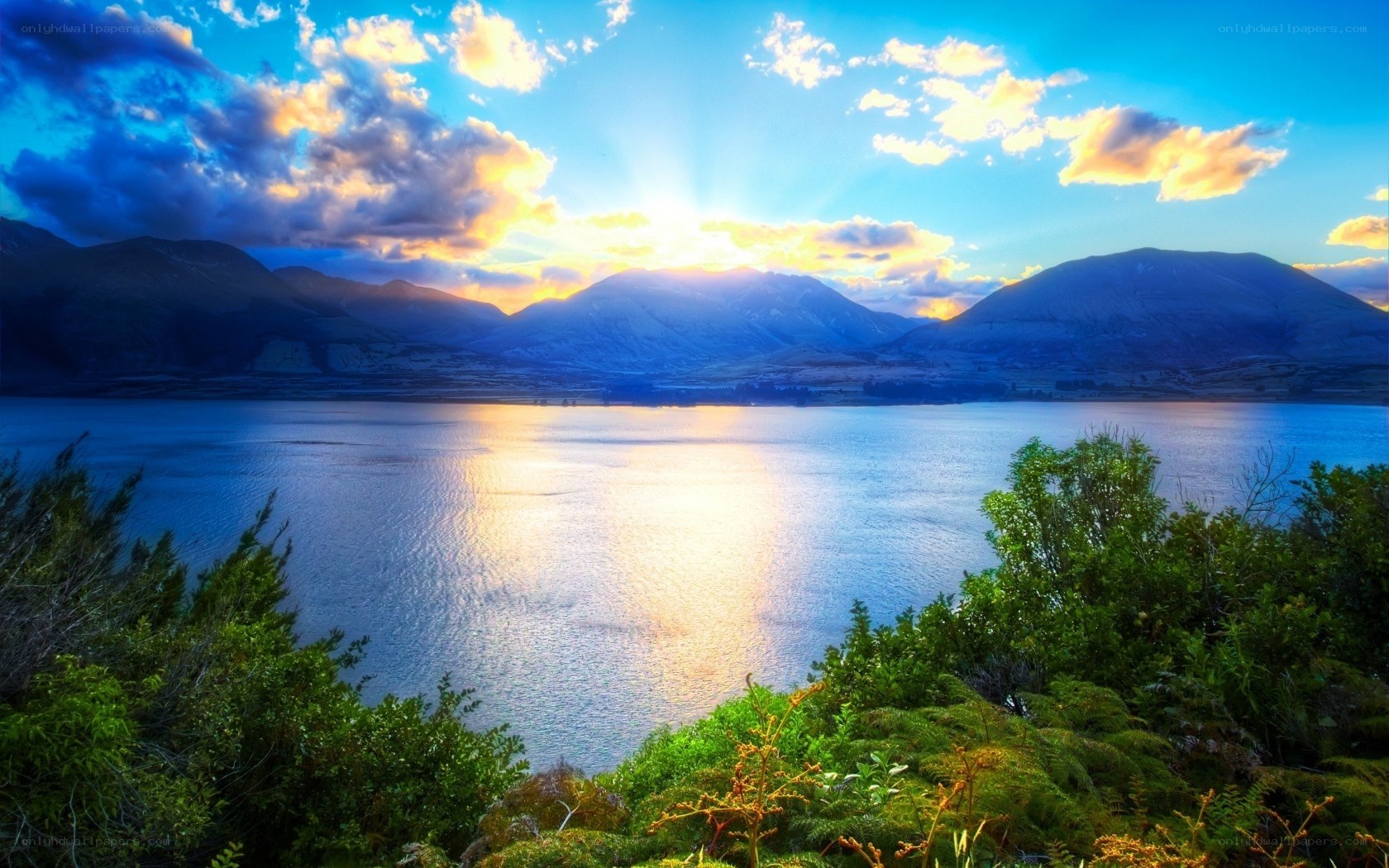 Sunset over a mountain lake