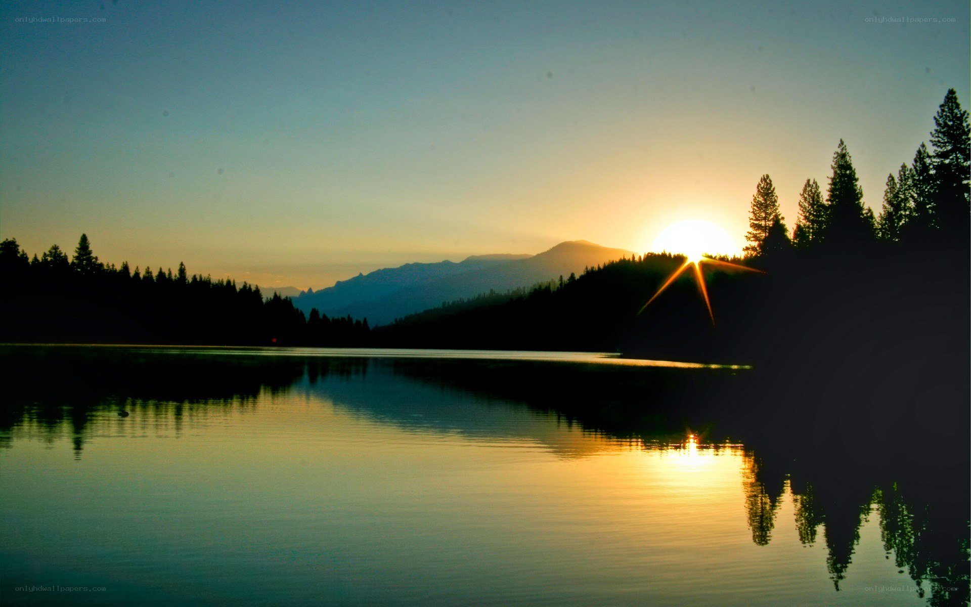 Sunset over a mountain lake