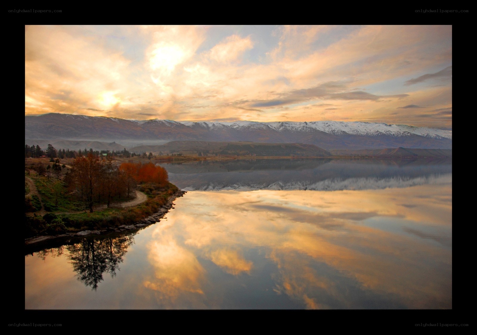 Sunset over a mountain lake