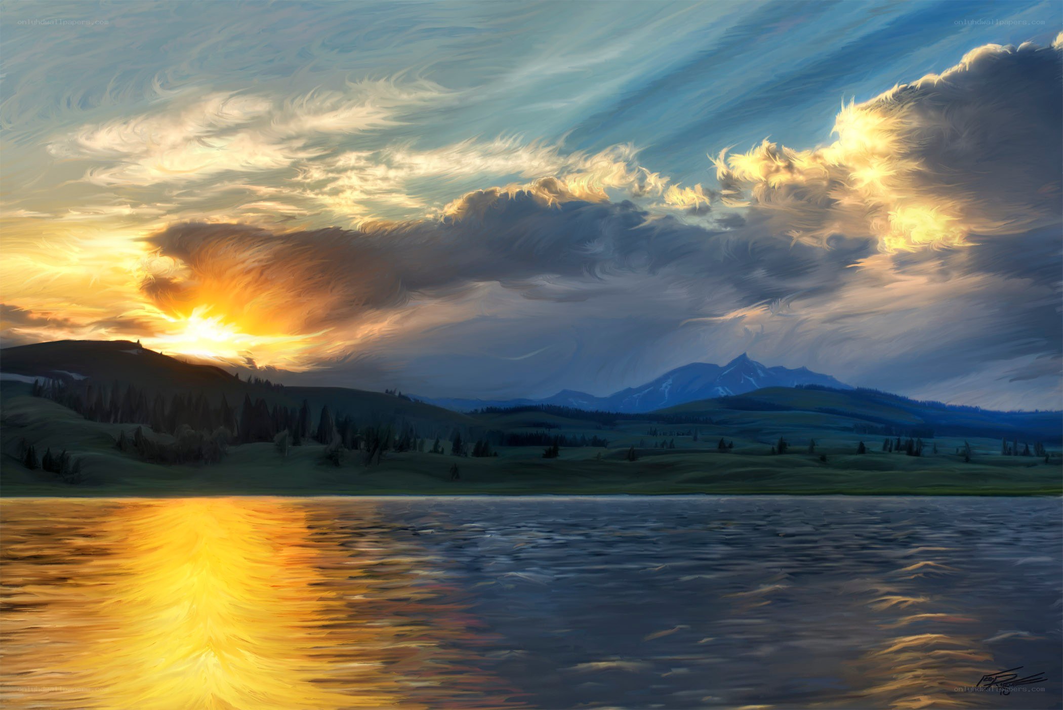 Sunset over a mountain lake
