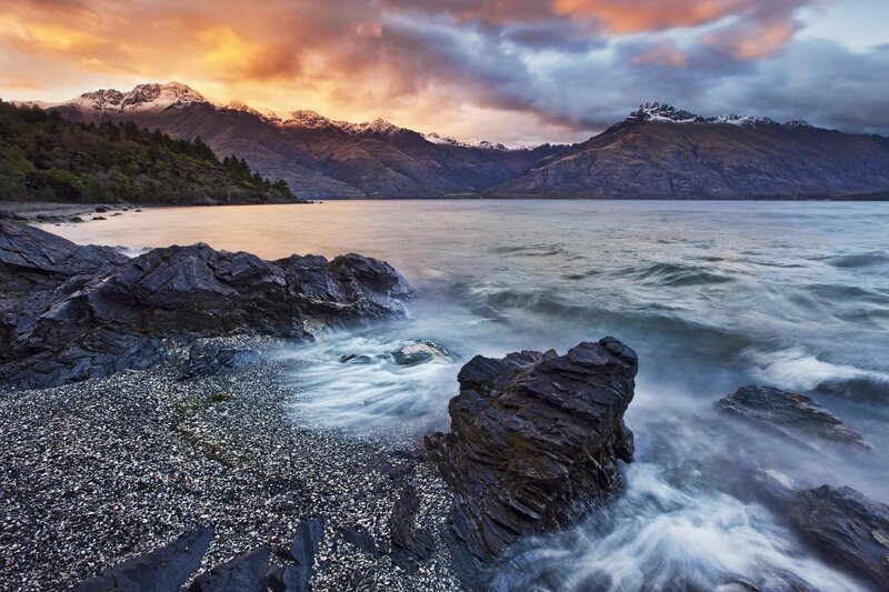 Sunset over a mountain lake