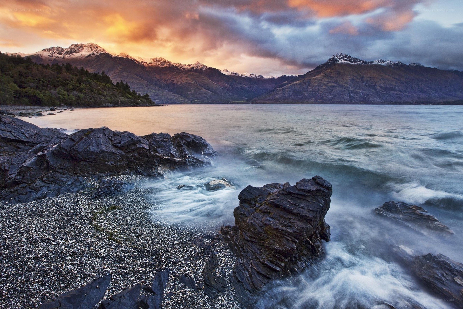 Sunset over a mountain lake
