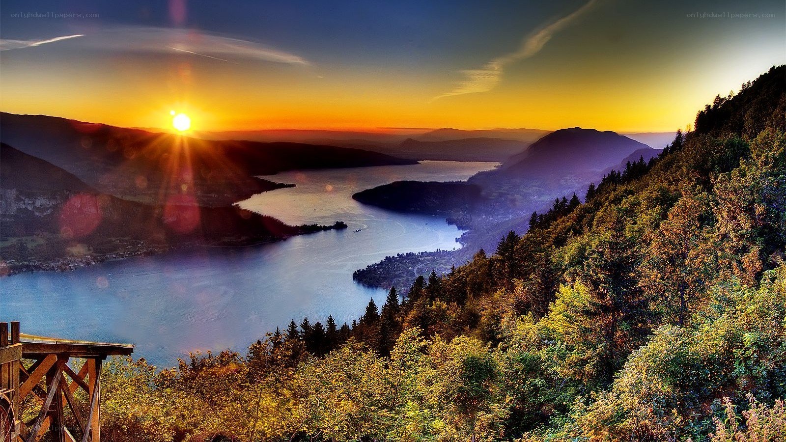 Sunset over a mountain lake