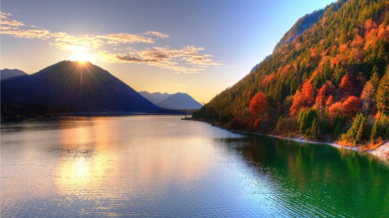 Sunset over a mountain lake