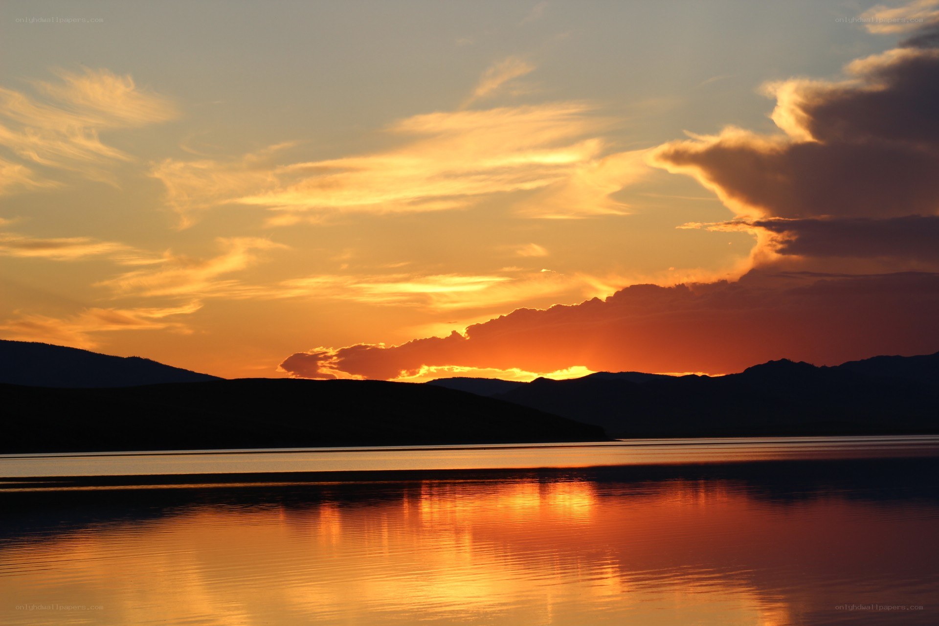 Sunset over a mountain lake