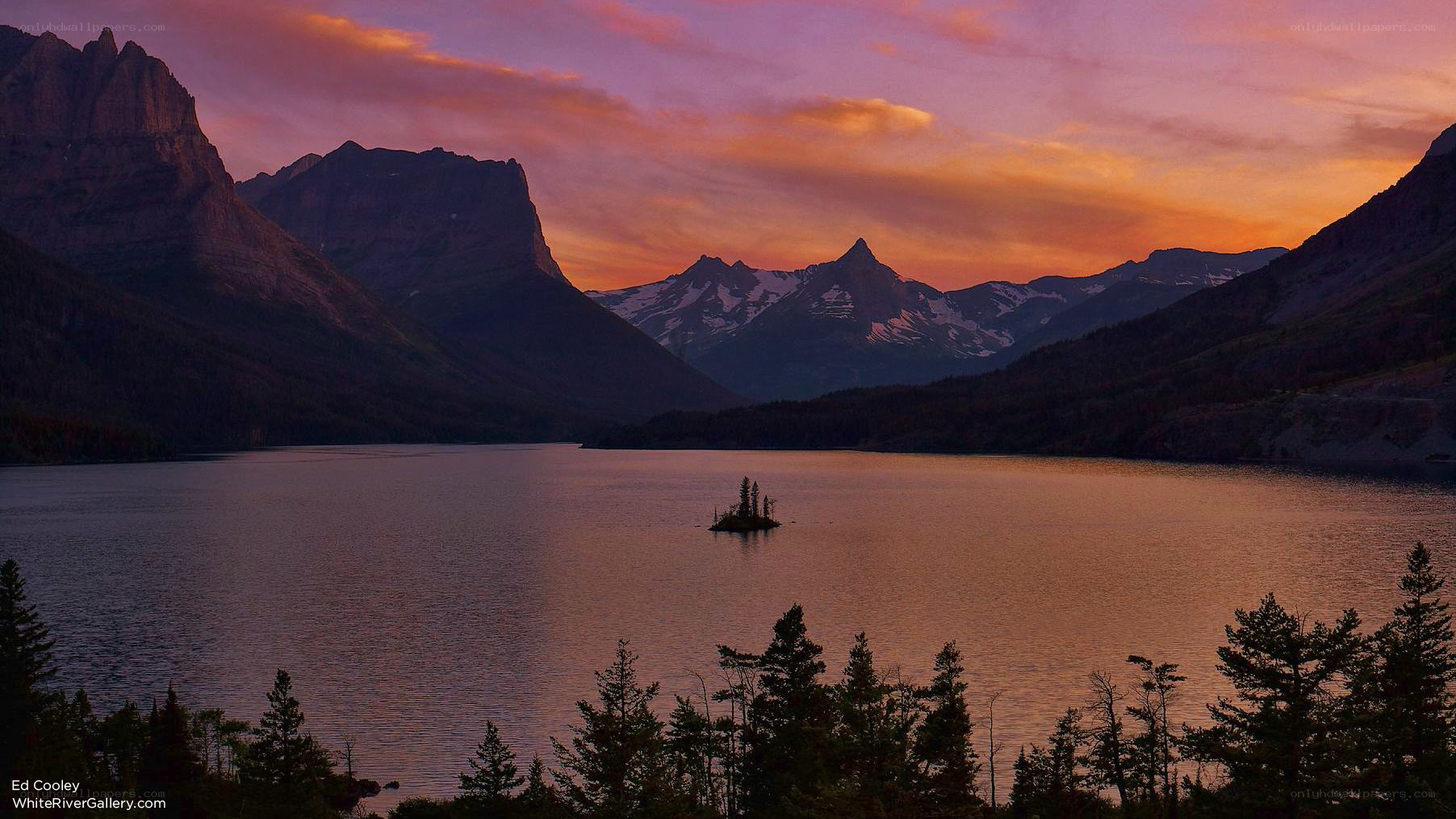 Sunset over a mountain lake