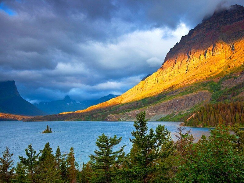 Sunset over a mountain lake