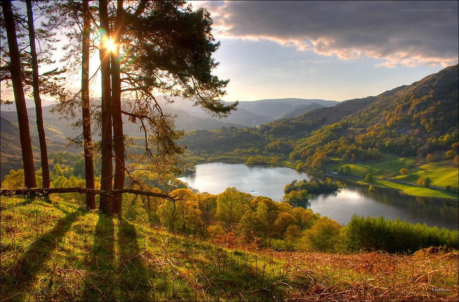 Sunset over a mountain lake