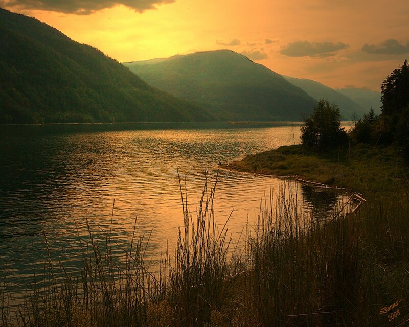 Sunset over a mountain lake