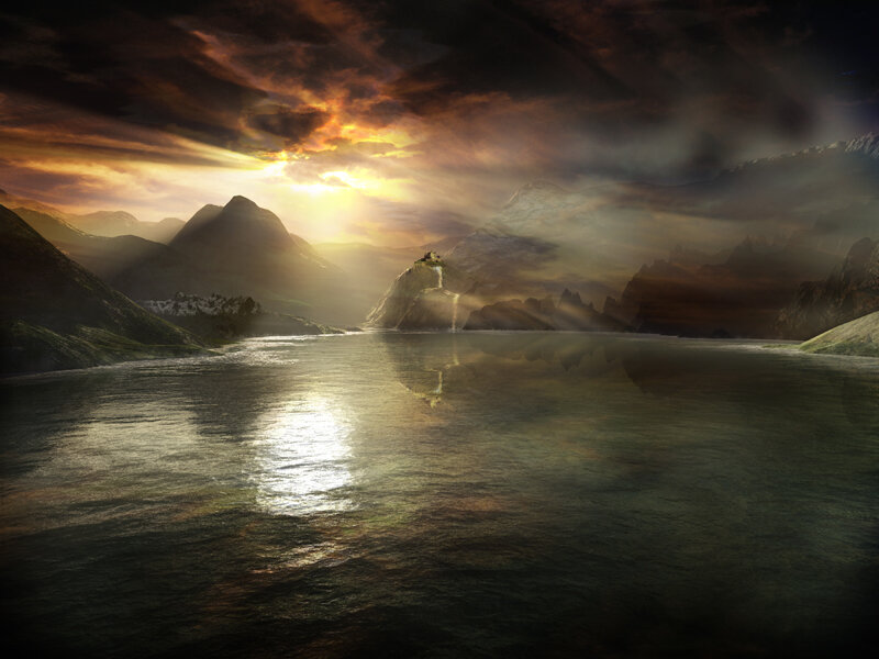 Sunset over a mountain lake