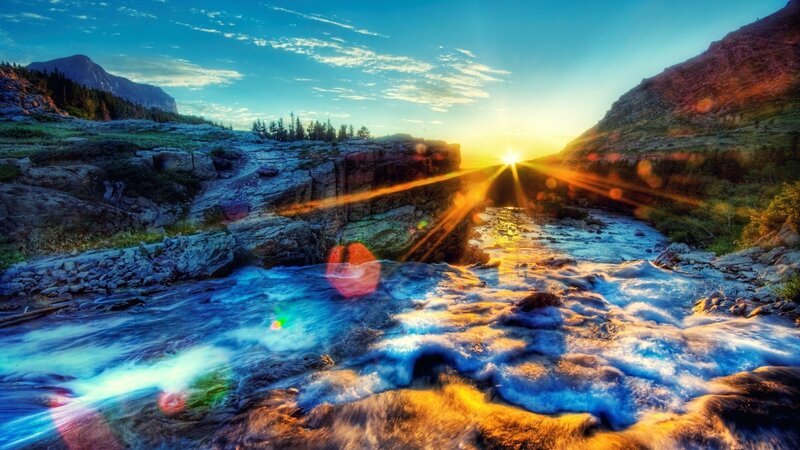 Sunset over a mountain river