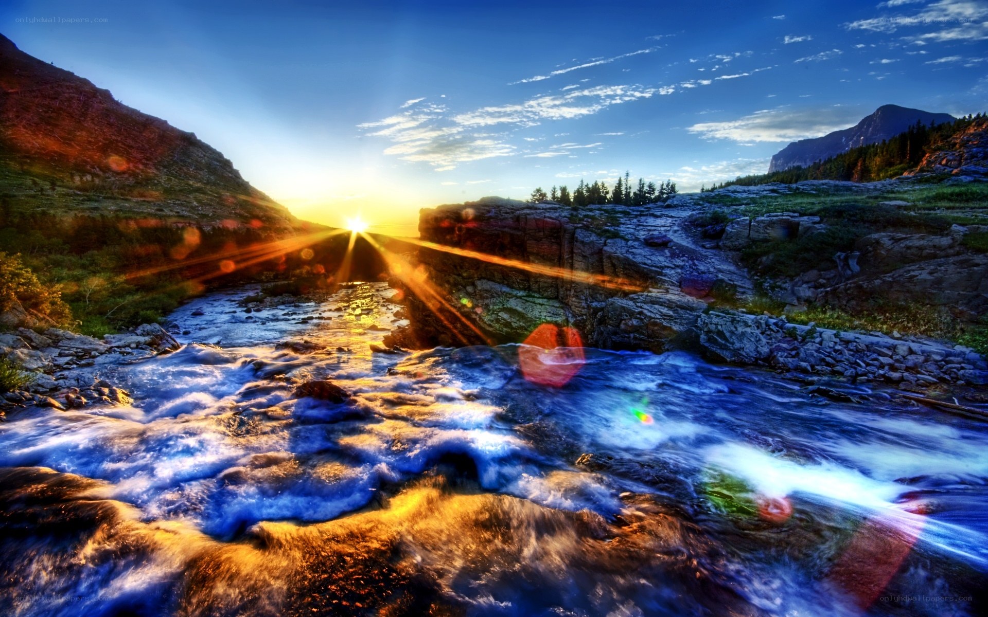 Sunset over a mountain stream