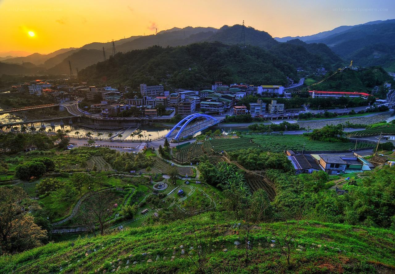 Sunset over a mountain town