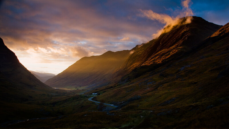 Sunset over a mountain valley
