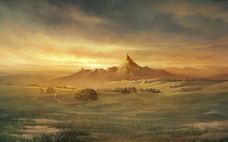 Sunset over a mountainous landscape