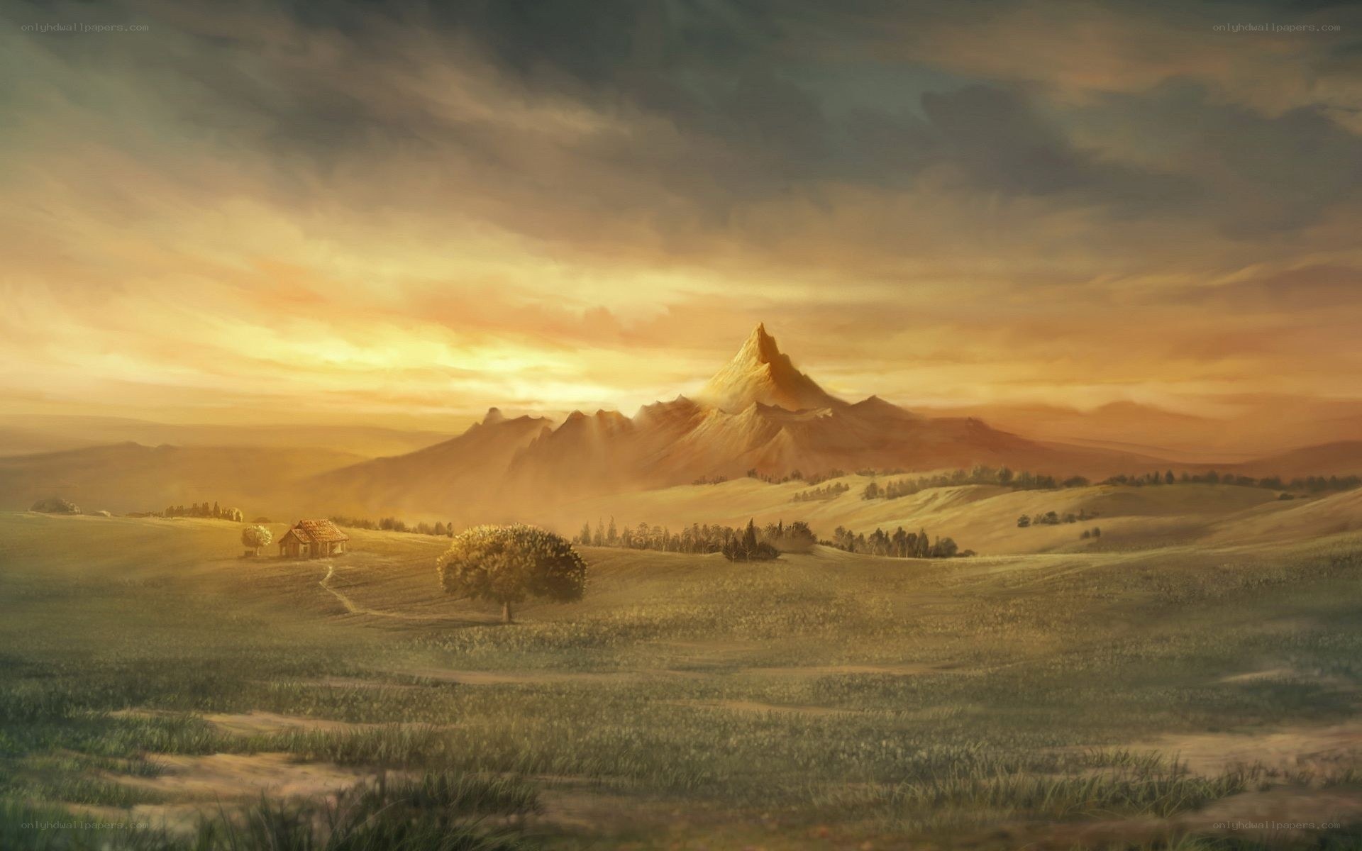 Sunset over a mountainous landscape